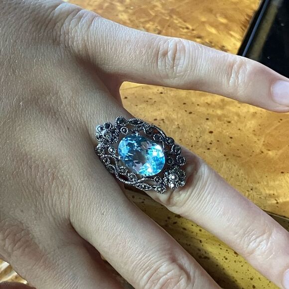 Sky Blue Topaz Marcasite Sterling Silver Cocktail Ring Size 6 - Picture 4 of 9